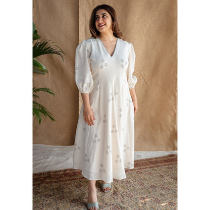 The Indian Ethnic Co. Natural White Dabu Slub Cotton Hand Printed Dress