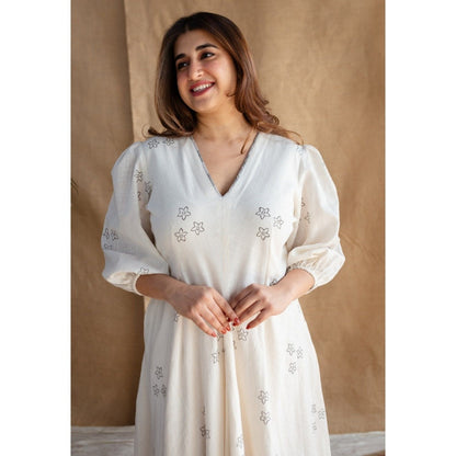 The Indian Ethnic Co. Natural White Dabu Slub Cotton Hand Printed Dress