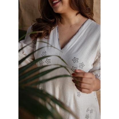 The Indian Ethnic Co. Natural White Dabu Slub Cotton Hand Printed Dress