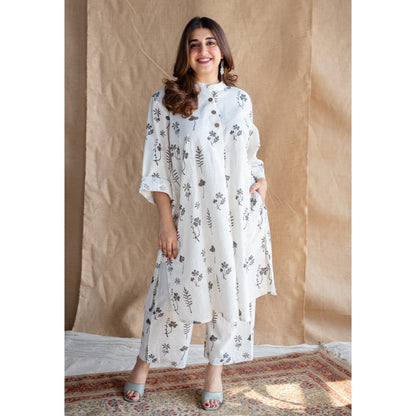The Indian Ethnic Co. Natural White Dabu Slub Cotton Co-Ord (Set of 2)