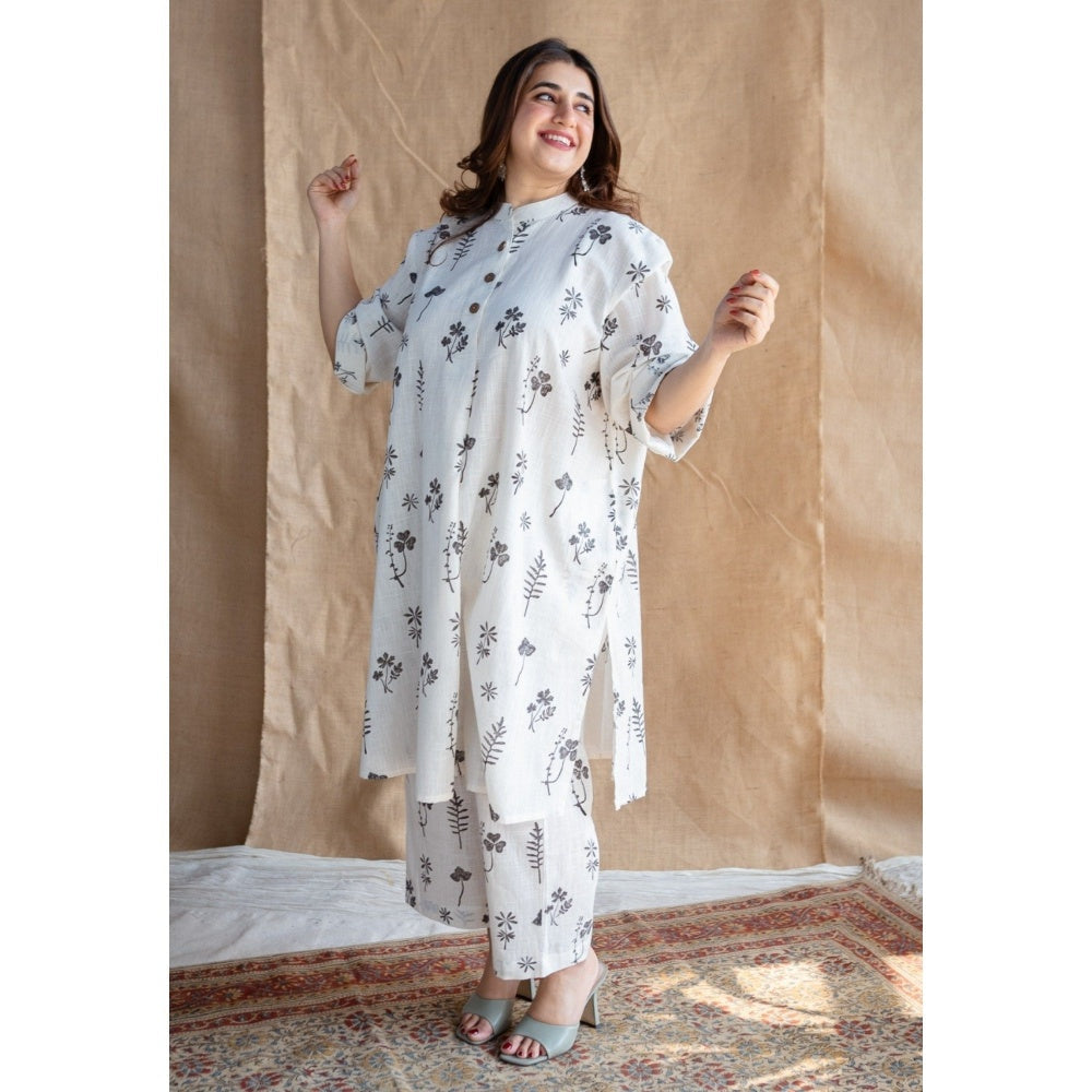 The Indian Ethnic Co. Natural White Dabu Slub Cotton Co-Ord (Set of 2)