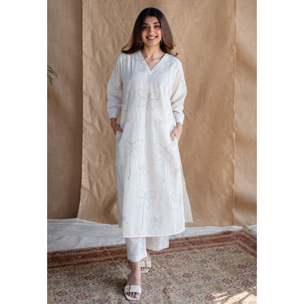 The Indian Ethnic Co. Natural White Dabu Slub Cotton Hand Printed Co-Ord (Set of 2)