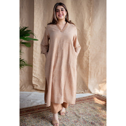 The Indian Ethnic Co. Light Brown Dabu Slub Cotton Hand Printed Kurta