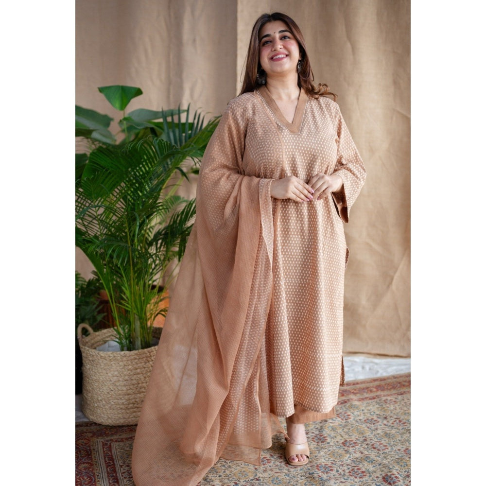 The Indian Ethnic Co. Light Brown Dabu Slub Cotton Hand Printed Kurta