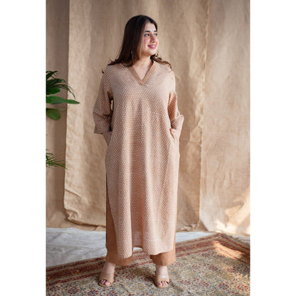 The Indian Ethnic Co. Light Brown Dabu Slub Cotton Hand Printed Kurta