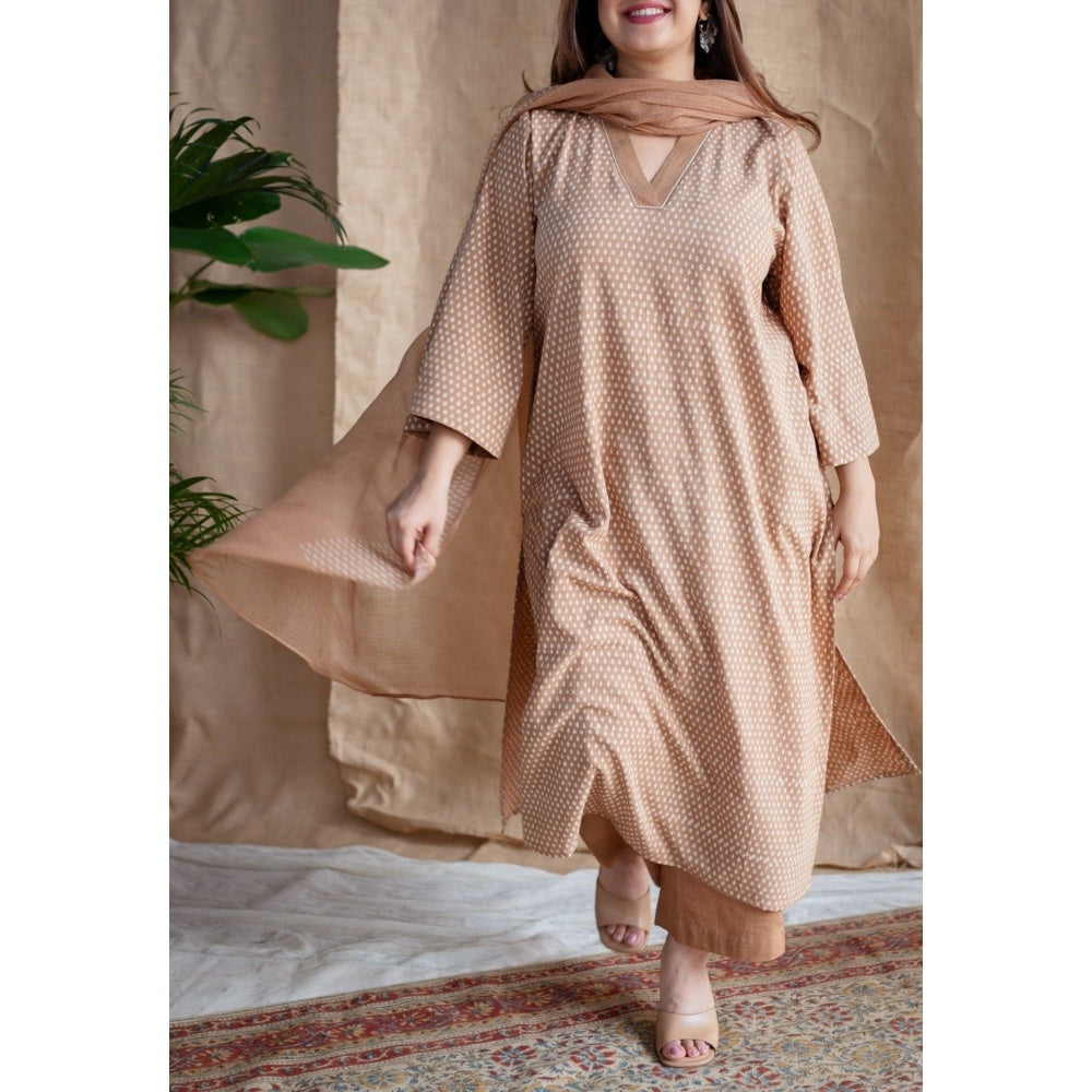 The Indian Ethnic Co. Light Brown Dabu Slub Cotton Hand Printed Kurta