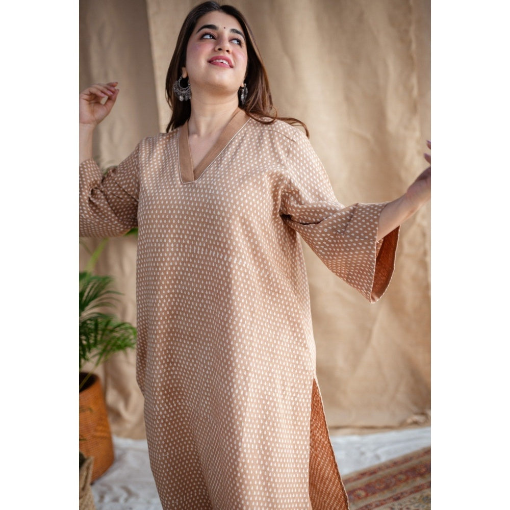 The Indian Ethnic Co. Light Brown Dabu Slub Cotton Hand Printed Kurta