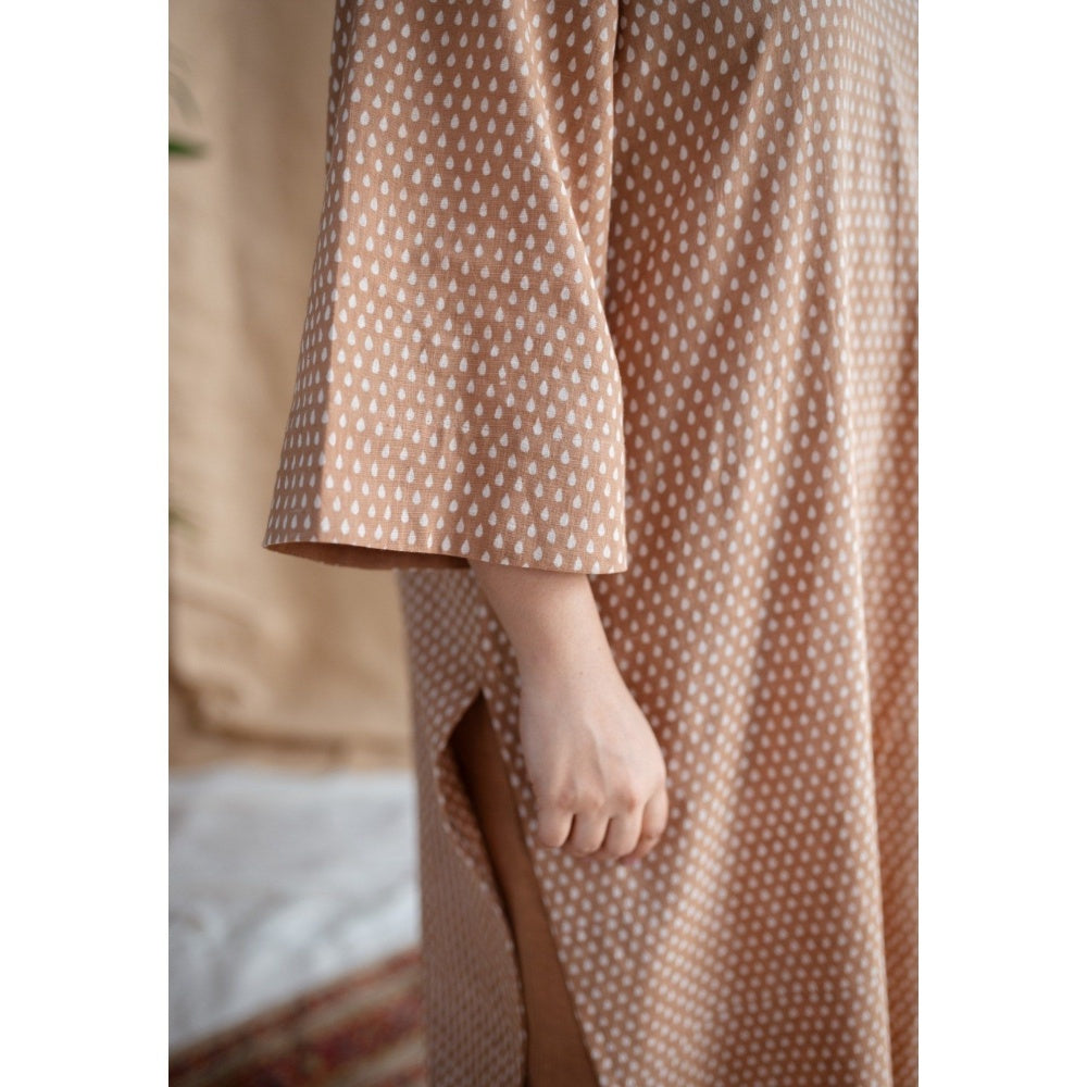 The Indian Ethnic Co. Light Brown Dabu Slub Cotton Hand Printed Kurta