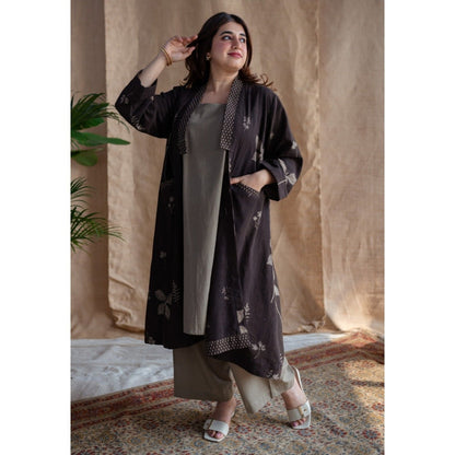The Indian Ethnic Co. Charcoal Dabu Slub Cotton Jacket