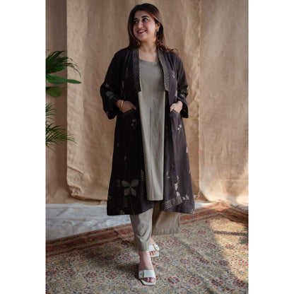 The Indian Ethnic Co. Charcoal Dabu Slub Cotton Jacket