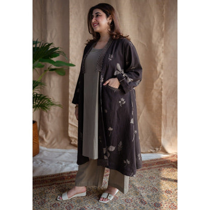 The Indian Ethnic Co. Charcoal Dabu Slub Cotton Jacket