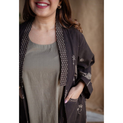 The Indian Ethnic Co. Charcoal Dabu Slub Cotton Jacket