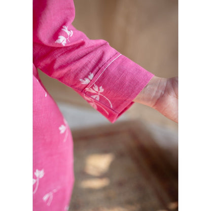 The Indian Ethnic Co. Pink Dabu Slub Cotton Printed Dress