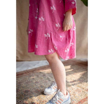 The Indian Ethnic Co. Pink Dabu Slub Cotton Printed Dress