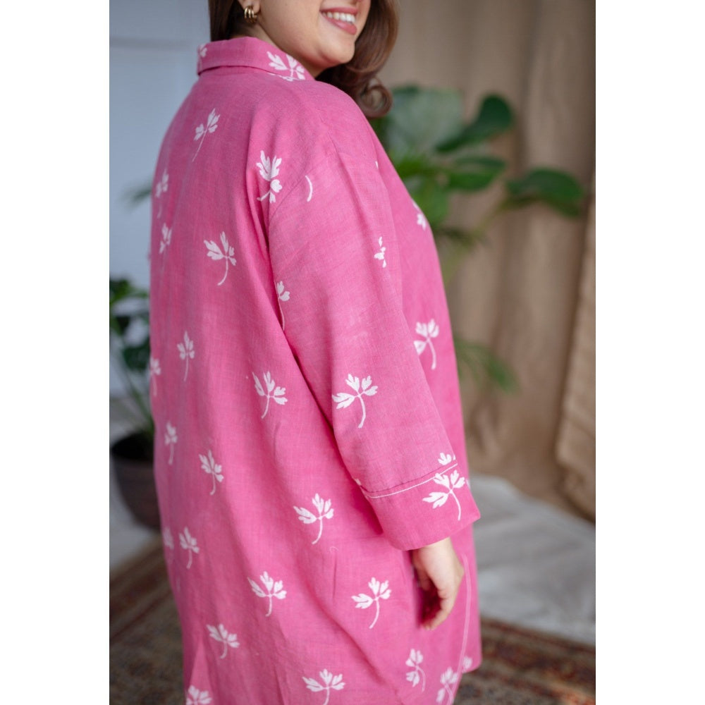 The Indian Ethnic Co. Pink Dabu Slub Cotton Printed Dress