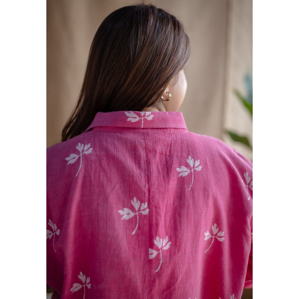 The Indian Ethnic Co. Pink Dabu Slub Cotton Printed Dress