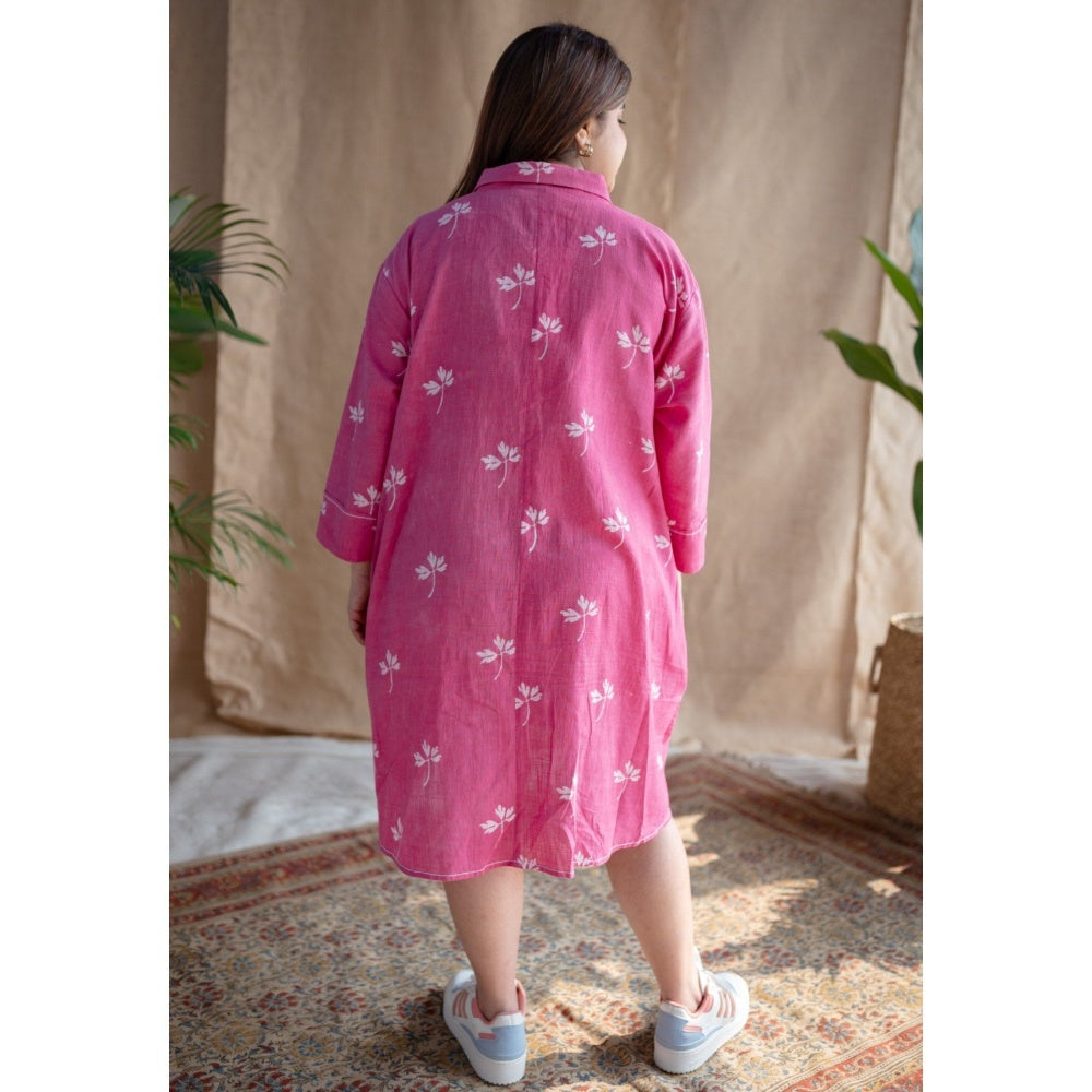 The Indian Ethnic Co. Pink Dabu Slub Cotton Printed Dress