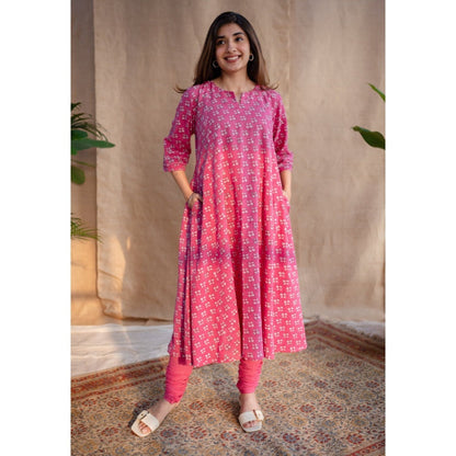 The Indian Ethnic Co. Pink Dabu Slub Cotton Hand Printed Kali Kurta