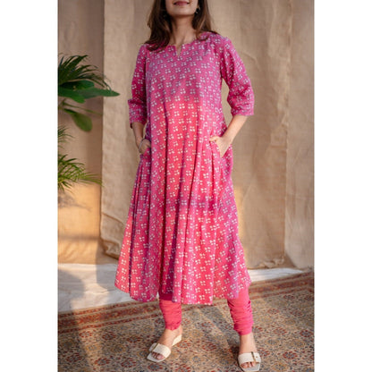 The Indian Ethnic Co. Pink Dabu Slub Cotton Hand Printed Kali Kurta