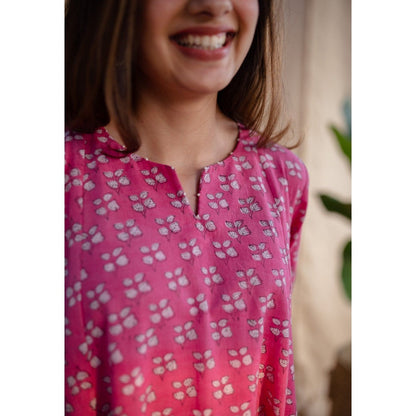 The Indian Ethnic Co. Pink Dabu Slub Cotton Hand Printed Kali Kurta