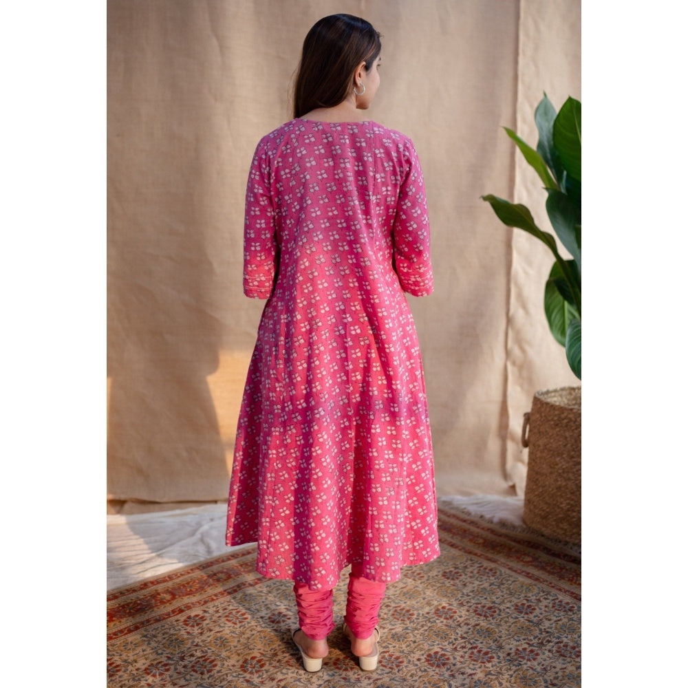 The Indian Ethnic Co. Pink Dabu Slub Cotton Hand Printed Kali Kurta
