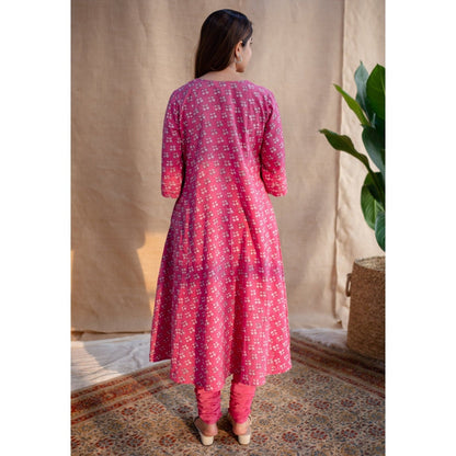 The Indian Ethnic Co. Pink Dabu Slub Cotton Hand Printed Kali Kurta