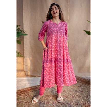 The Indian Ethnic Co. Pink Dabu Slub Cotton Hand Printed Kali Kurta