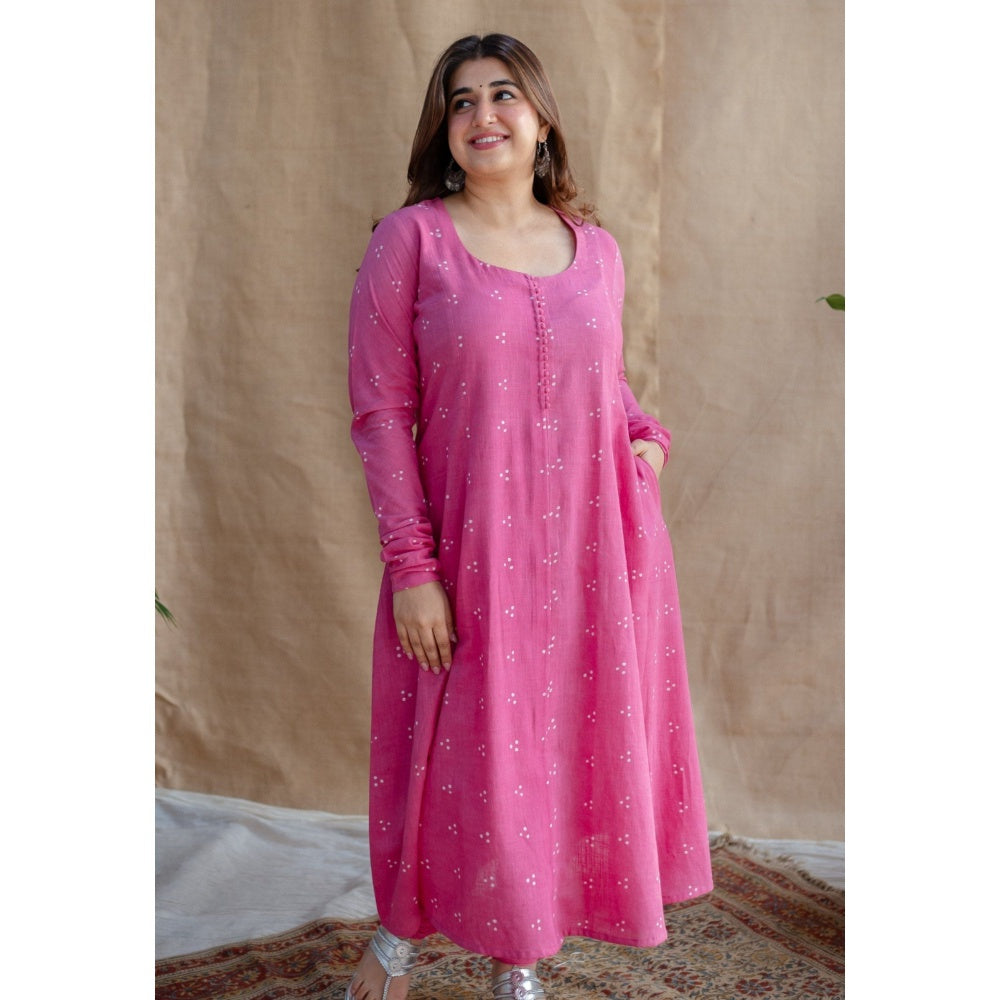 The Indian Ethnic Co. Pink Dabu Slub Cotton Kali Kurta