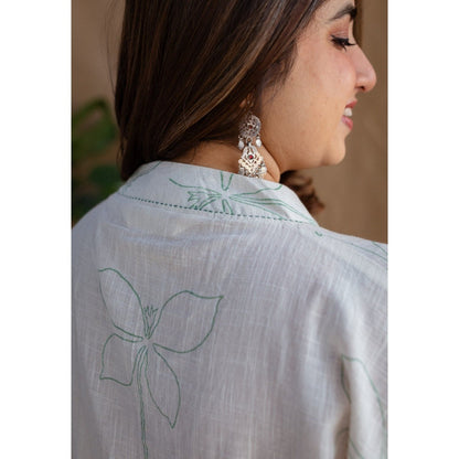 The Indian Ethnic Co. Natural White Dabu Slub Cotton Hand Embroidered Kurta