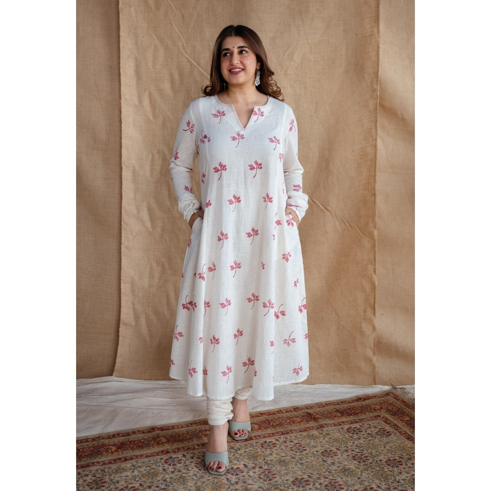 The Indian Ethnic Co. Natural White Dabu Slub Cotton Hand Embroidered Kali Kurta