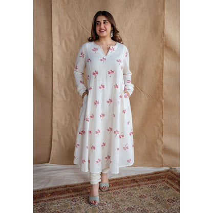 The Indian Ethnic Co. Natural White Dabu Slub Cotton Hand Embroidered Kali Kurta