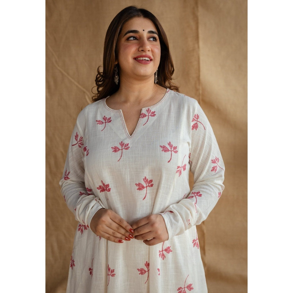 The Indian Ethnic Co. Natural White Dabu Slub Cotton Hand Embroidered Kali Kurta