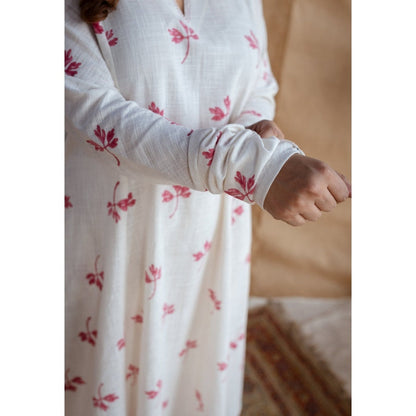 The Indian Ethnic Co. Natural White Dabu Slub Cotton Hand Embroidered Kali Kurta