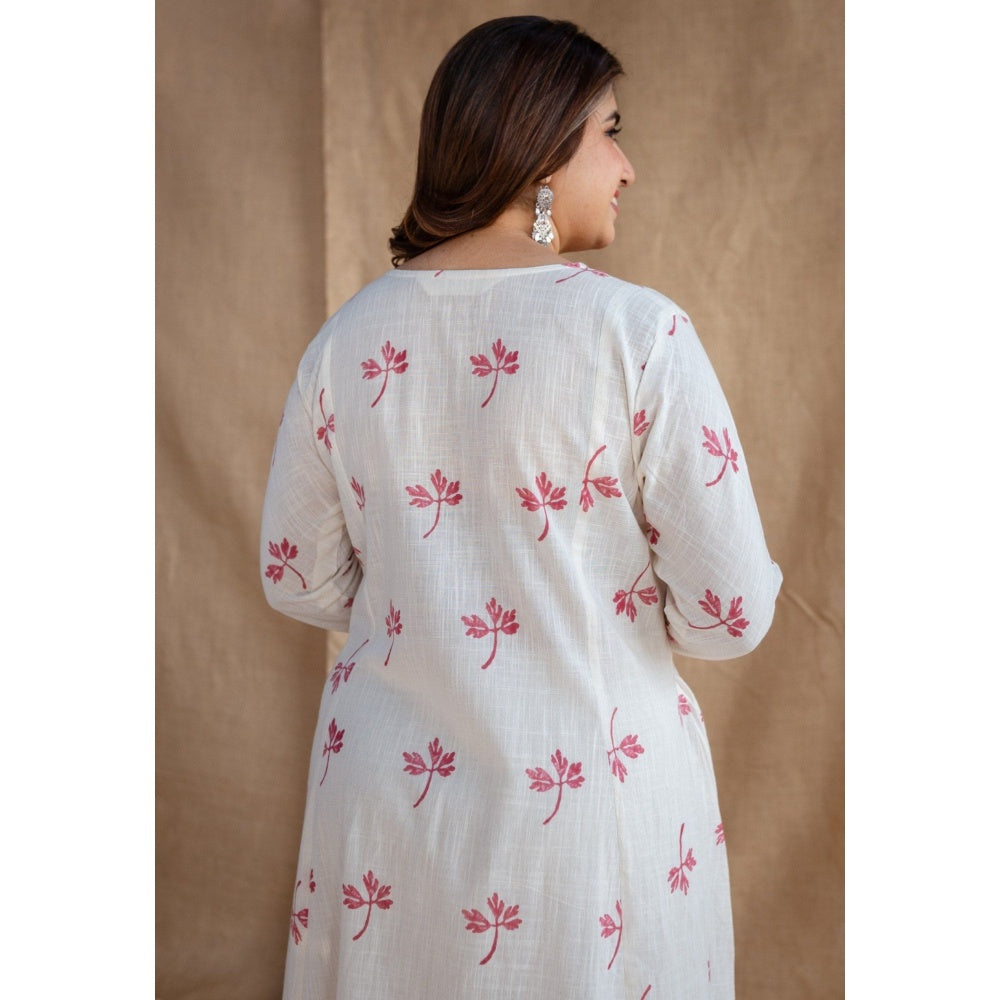 The Indian Ethnic Co. Natural White Dabu Slub Cotton Hand Embroidered Kali Kurta