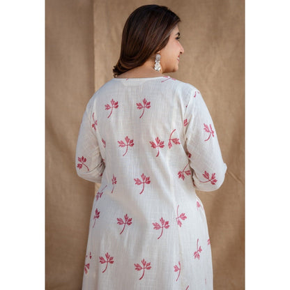 The Indian Ethnic Co. Natural White Dabu Slub Cotton Hand Embroidered Kali Kurta