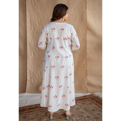 The Indian Ethnic Co. Natural White Dabu Slub Cotton Hand Embroidered Kali Kurta