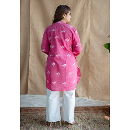 The Indian Ethnic Co. Pink Dabu Slub Cotton Kurta