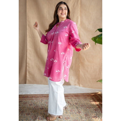 The Indian Ethnic Co. Pink Dabu Slub Cotton Kurta