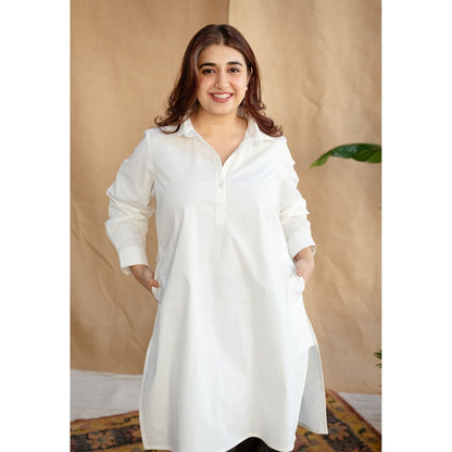 The Indian Ethnic Co. White Poplin Cotton Solid Kurta
