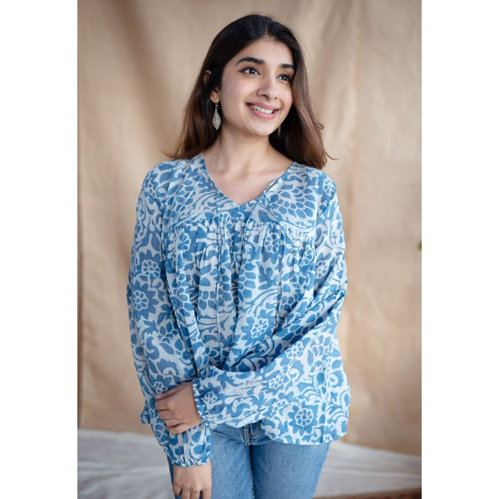 The Indian Ethnic Co. White Batik Natural Dyed MulMul Cotton Top