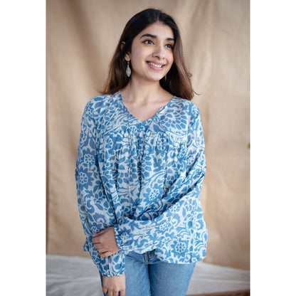 The Indian Ethnic Co. White Batik Natural Dyed MulMul Cotton Top