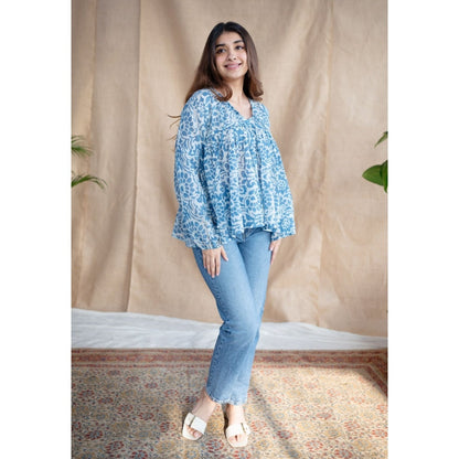 The Indian Ethnic Co. White Batik Natural Dyed MulMul Cotton Top
