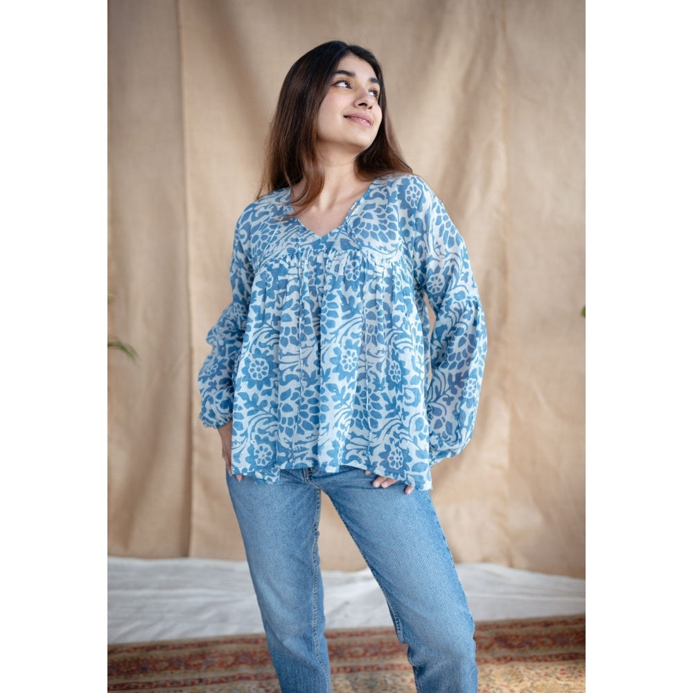 The Indian Ethnic Co. White Batik Natural Dyed MulMul Cotton Top