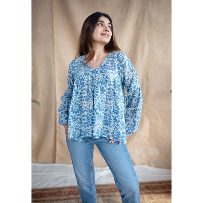 The Indian Ethnic Co. White Batik Natural Dyed MulMul Cotton Top