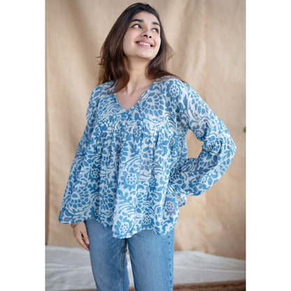 The Indian Ethnic Co. White Batik Natural Dyed MulMul Cotton Top