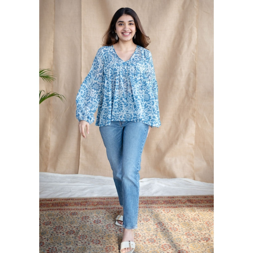The Indian Ethnic Co. White Batik Natural Dyed MulMul Cotton Top