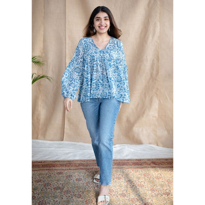 The Indian Ethnic Co. White Batik Natural Dyed MulMul Cotton Top
