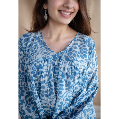 The Indian Ethnic Co. White Batik Natural Dyed MulMul Cotton Top