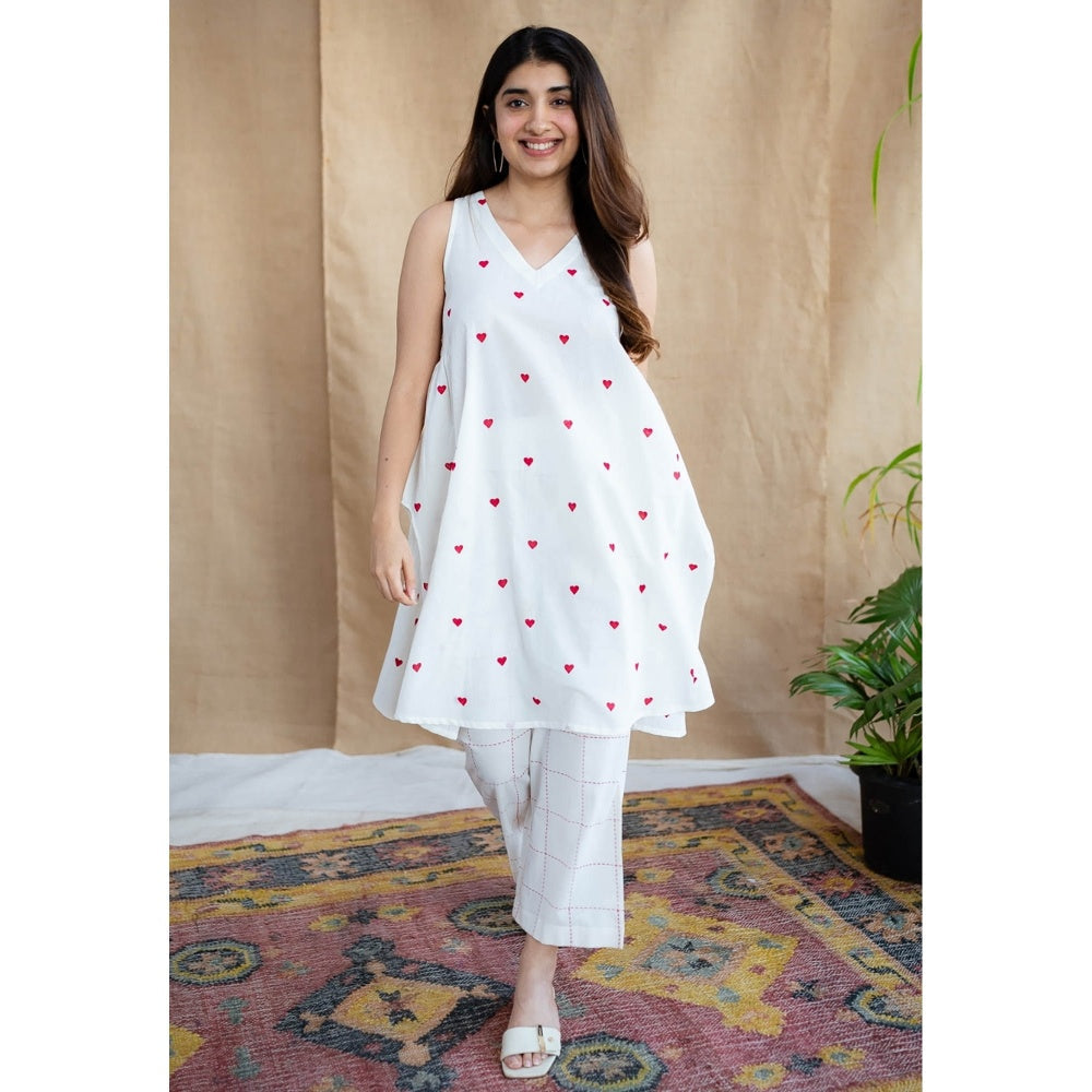 The Indian Ethnic Co. White Printed Cotton Kurta with Palazzo (Set of 2)