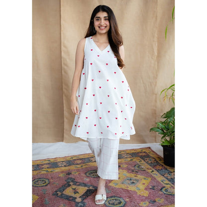 The Indian Ethnic Co. White Printed Cotton Kurta with Palazzo (Set of 2)